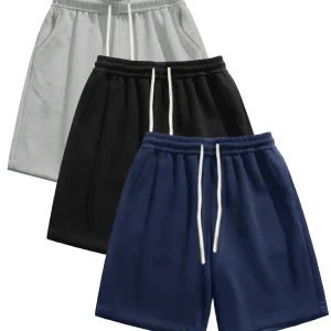 3-piece men's shorts, solid color drawstring waist